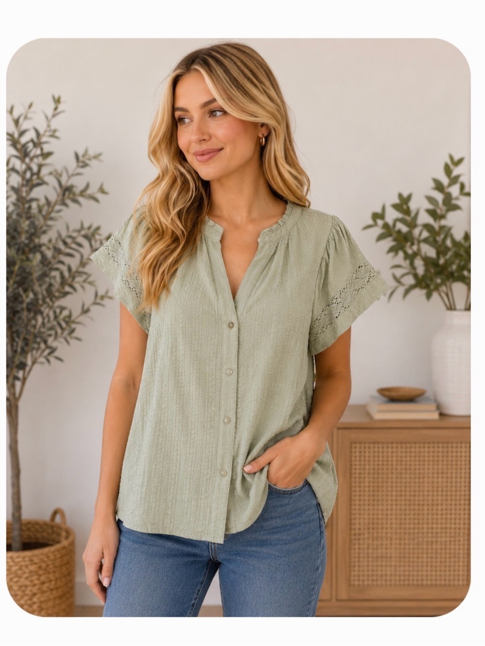 👚 2 Piece Falls Creek Sage Flutter Ruffle Sleeve Top with White Tank size Large